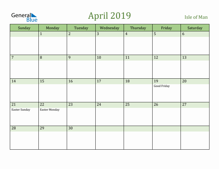 April 2019 Calendar with Isle of Man Holidays