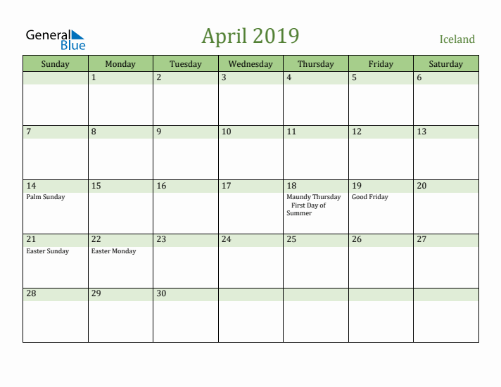 April 2019 Calendar with Iceland Holidays