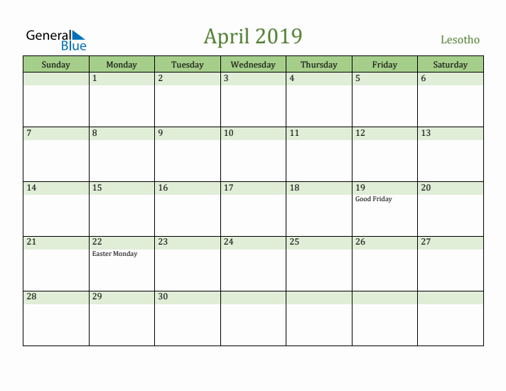 April 2019 Calendar with Lesotho Holidays