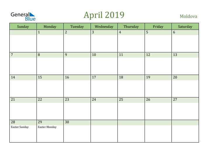 April 2019 Calendar with Moldova Holidays