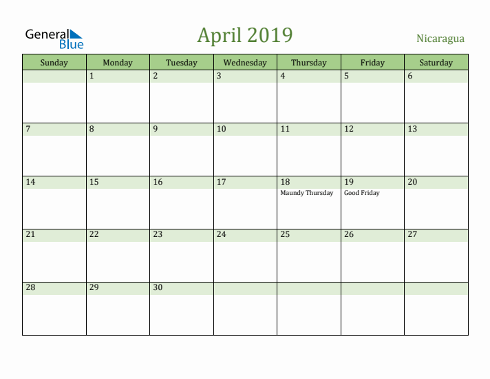 April 2019 Calendar with Nicaragua Holidays