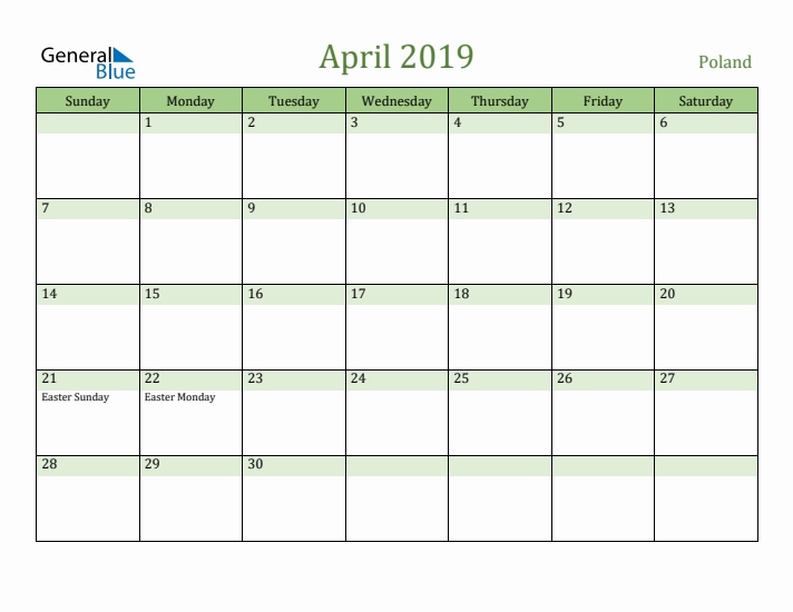 April 2019 Calendar with Poland Holidays