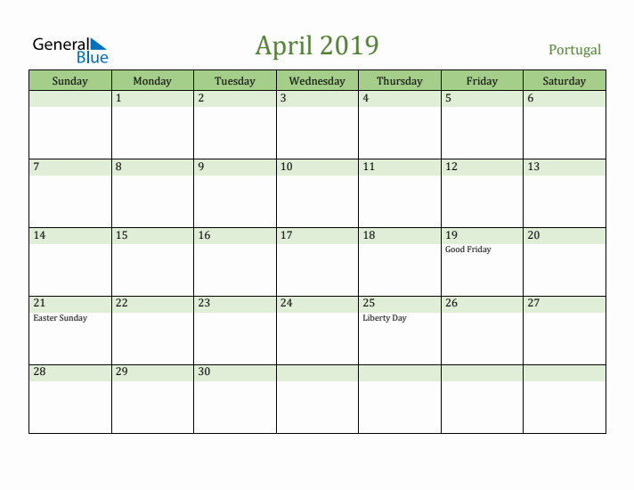 April 2019 Calendar with Portugal Holidays