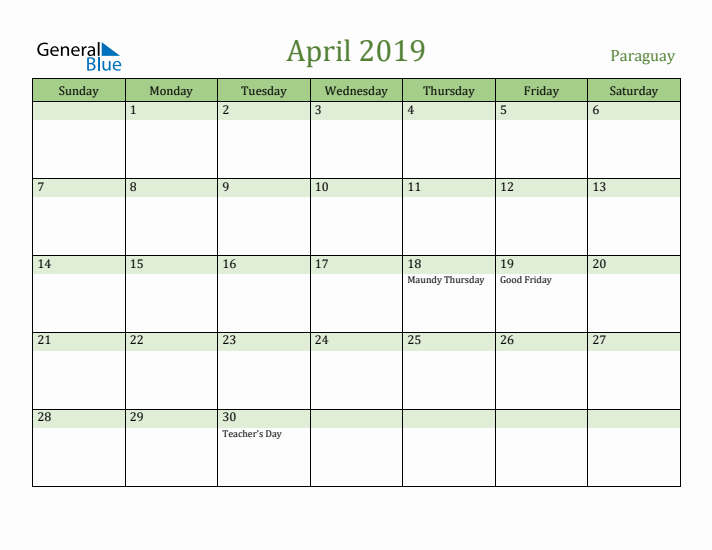 April 2019 Calendar with Paraguay Holidays