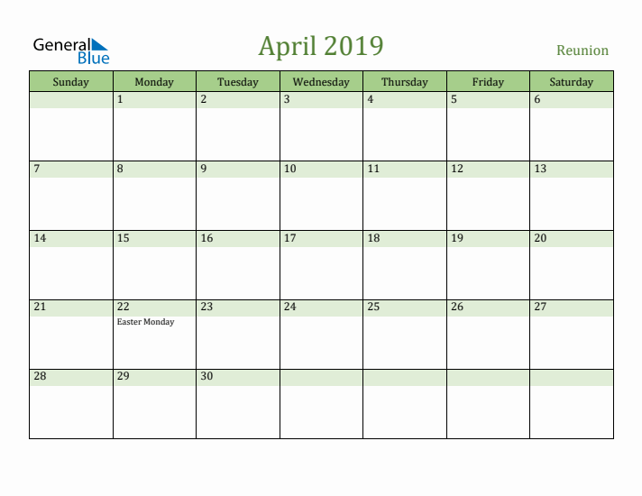 April 2019 Calendar with Reunion Holidays