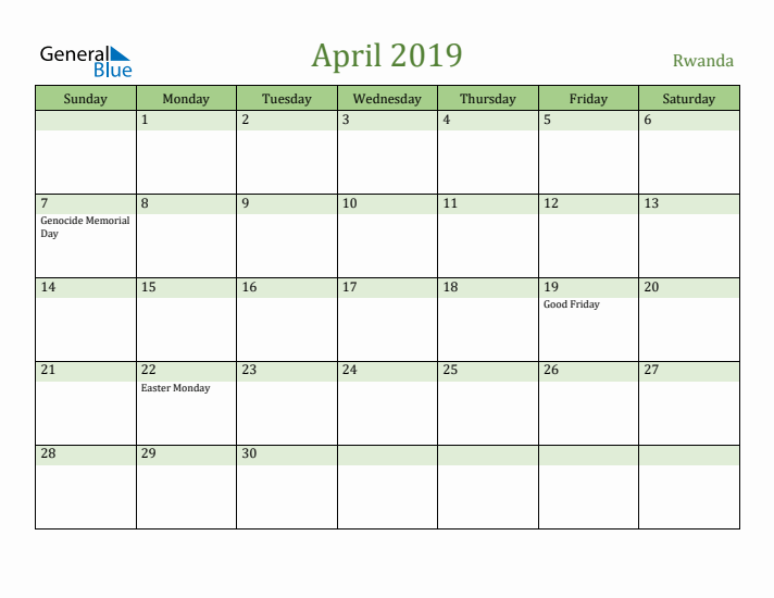 April 2019 Calendar with Rwanda Holidays