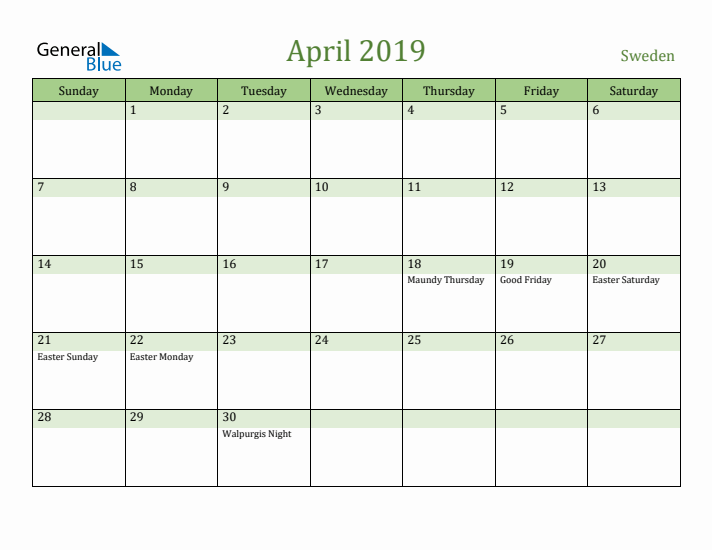 April 2019 Calendar with Sweden Holidays