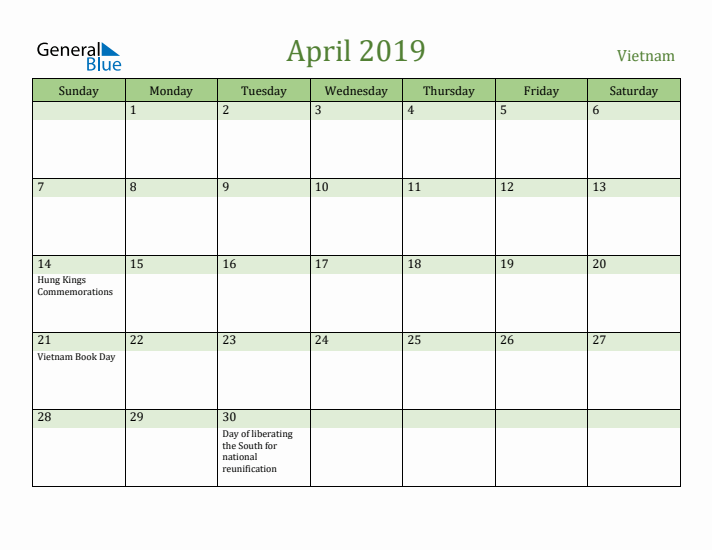 April 2019 Calendar with Vietnam Holidays