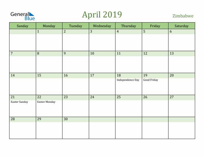 April 2019 Calendar with Zimbabwe Holidays