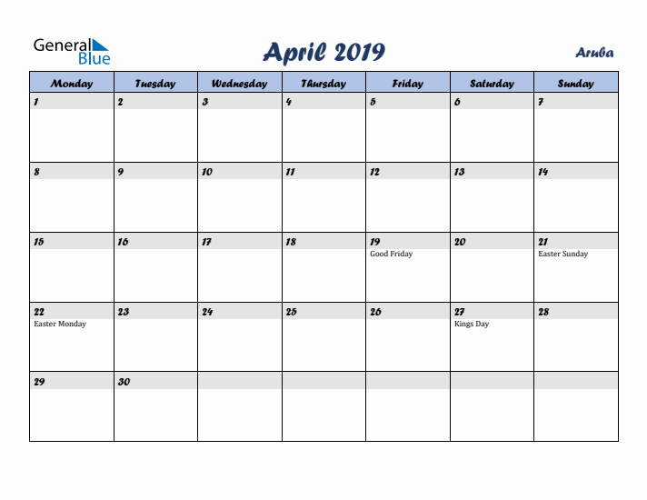 April 2019 Calendar with Holidays in Aruba