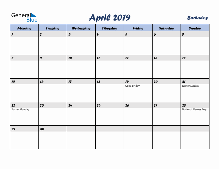 April 2019 Calendar with Holidays in Barbados