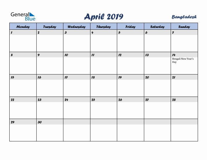 April 2019 Calendar with Holidays in Bangladesh