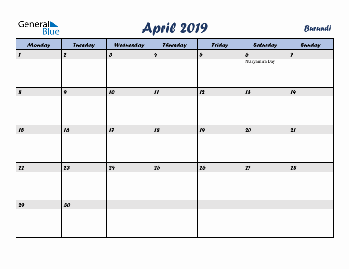 April 2019 Calendar with Holidays in Burundi