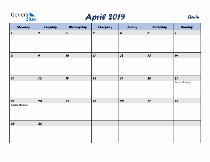 April 2019 Calendar with Holidays in Benin