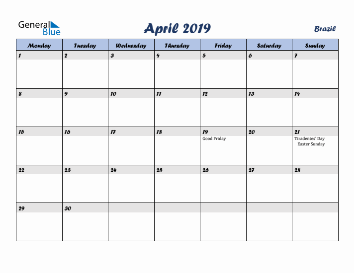 April 2019 Calendar with Holidays in Brazil