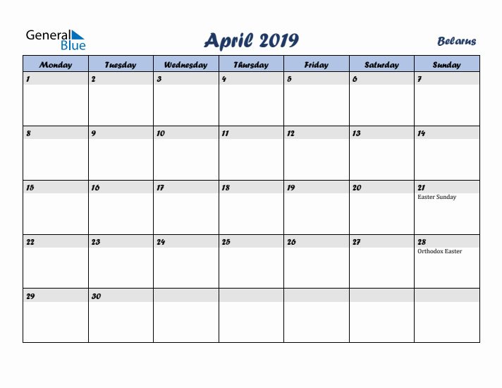 April 2019 Calendar with Holidays in Belarus