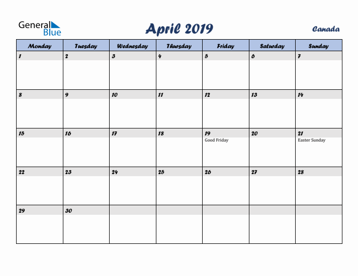 April 2019 Calendar with Holidays in Canada