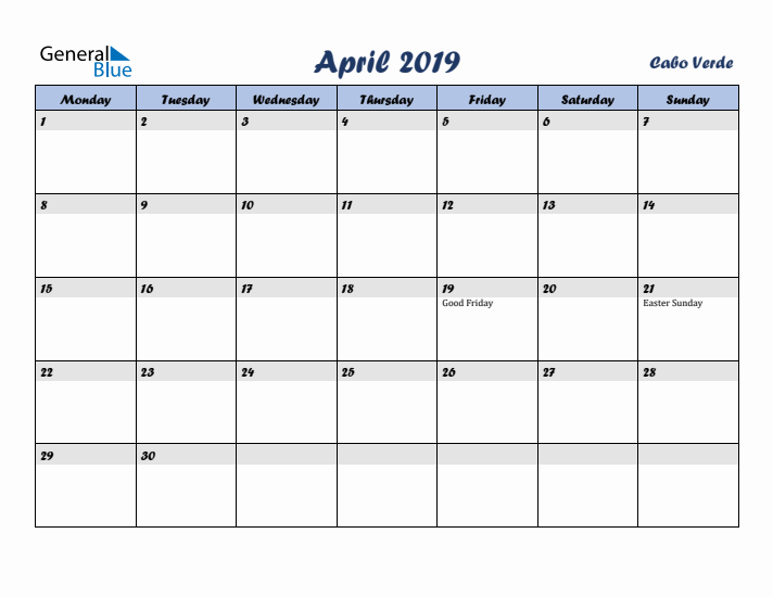 April 2019 Calendar with Holidays in Cabo Verde