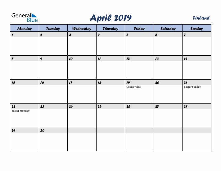 April 2019 Calendar with Holidays in Finland