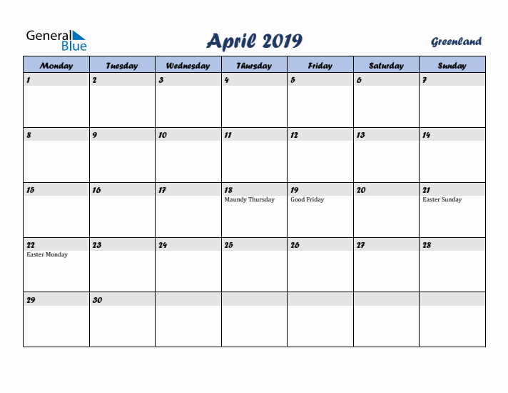 April 2019 Calendar with Holidays in Greenland