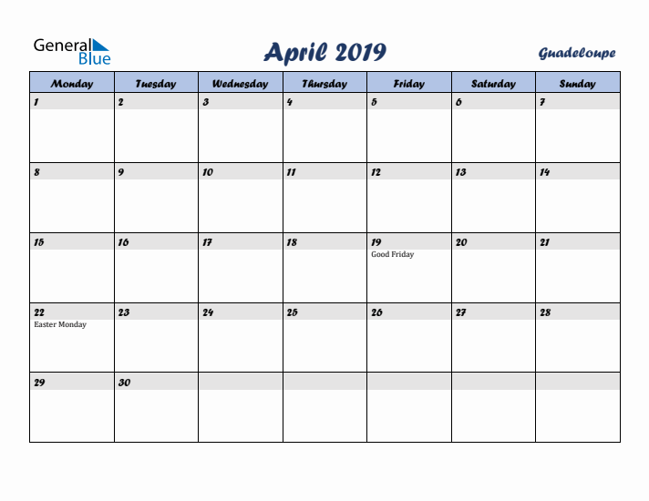 April 2019 Calendar with Holidays in Guadeloupe