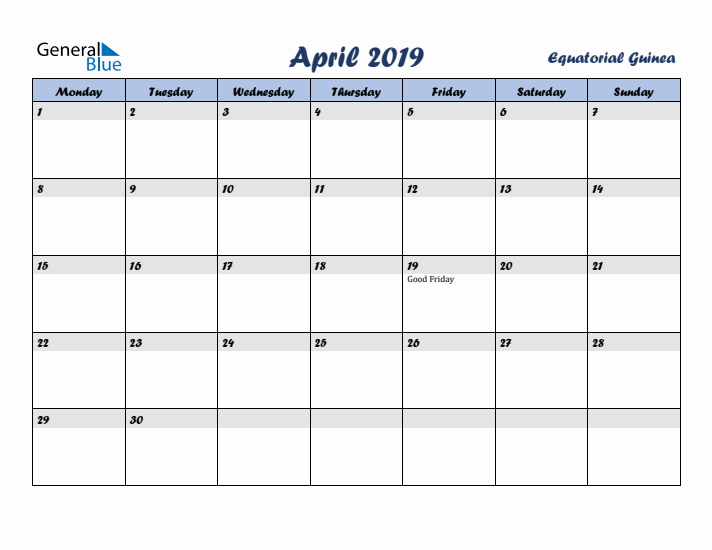 April 2019 Calendar with Holidays in Equatorial Guinea