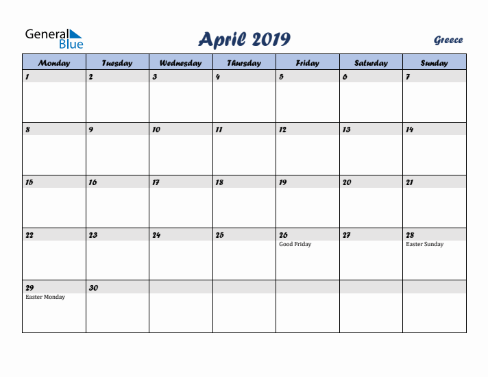 April 2019 Calendar with Holidays in Greece