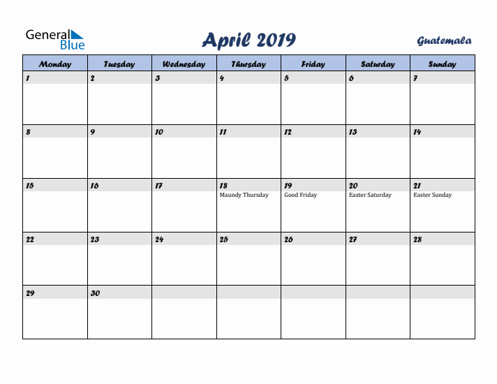 April 2019 Calendar with Holidays in Guatemala