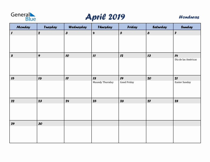 April 2019 Calendar with Holidays in Honduras