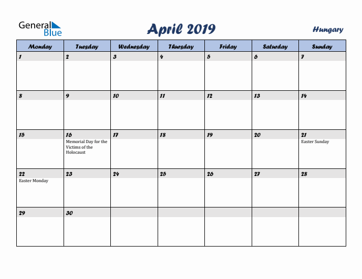 April 2019 Calendar with Holidays in Hungary