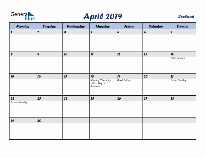 April 2019 Calendar with Holidays in Iceland