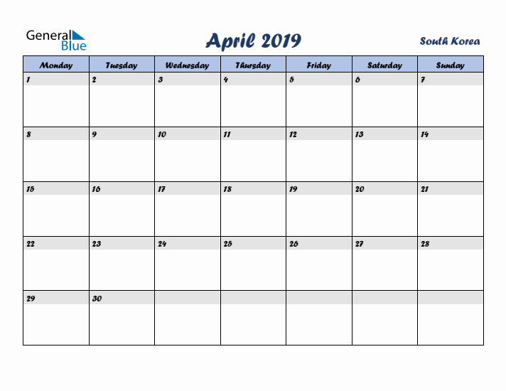 April 2019 Calendar with Holidays in South Korea