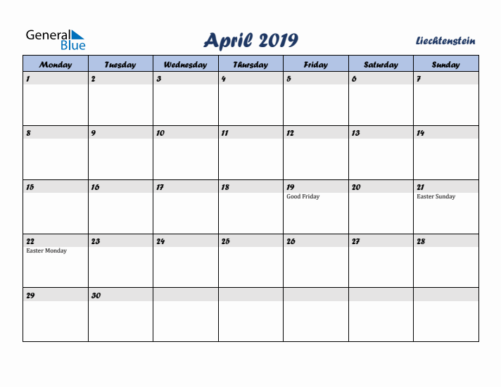 April 2019 Calendar with Holidays in Liechtenstein