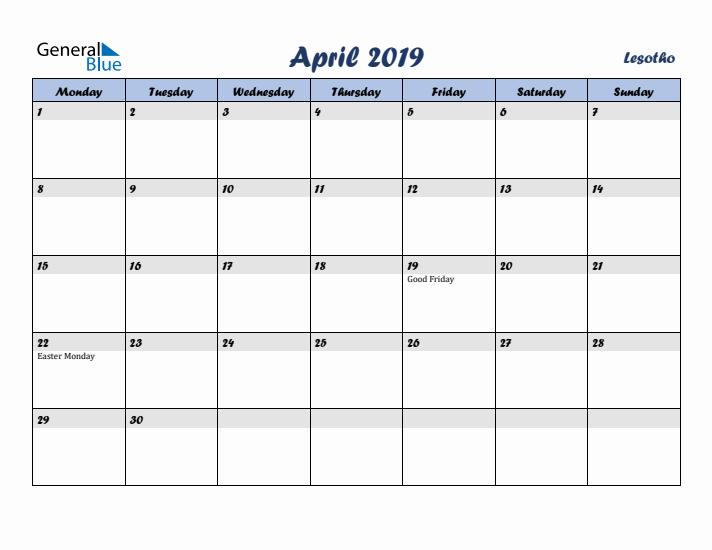 April 2019 Calendar with Holidays in Lesotho