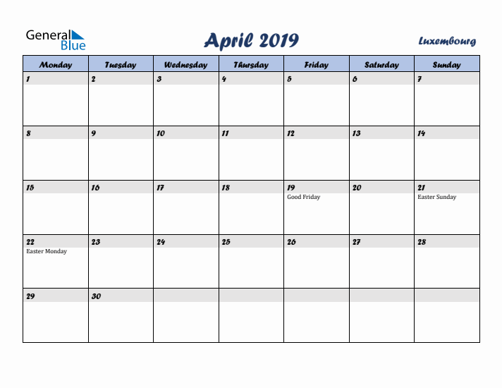 April 2019 Calendar with Holidays in Luxembourg