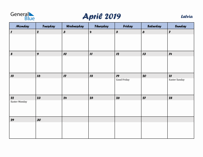 April 2019 Calendar with Holidays in Latvia