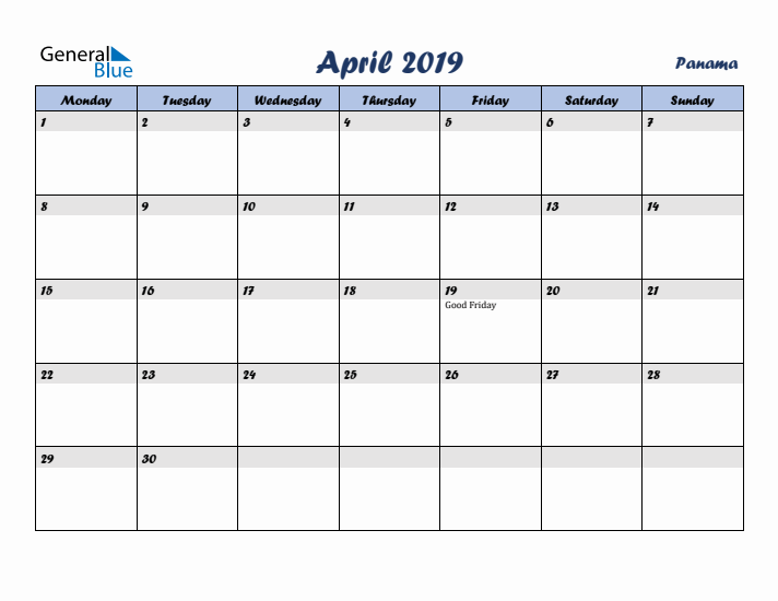 April 2019 Calendar with Holidays in Panama