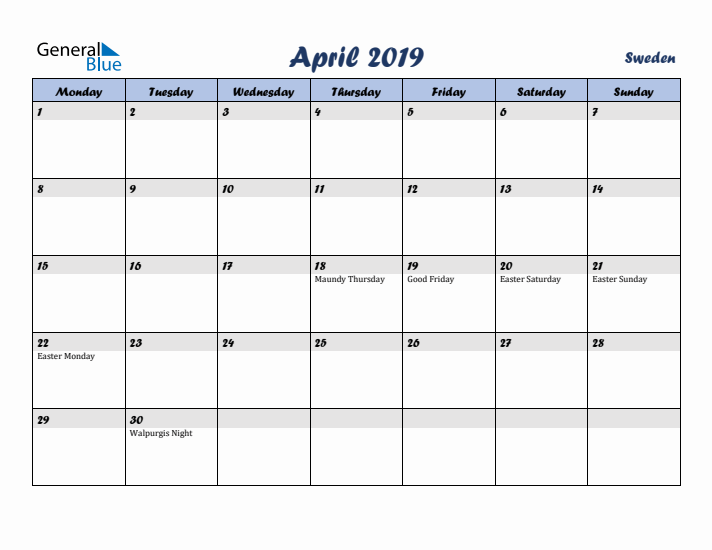 April 2019 Calendar with Holidays in Sweden