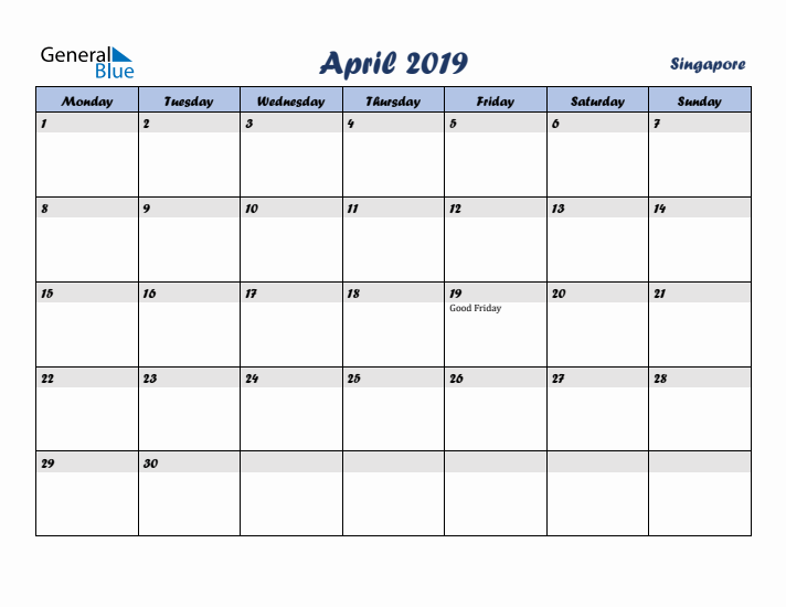 April 2019 Calendar with Holidays in Singapore