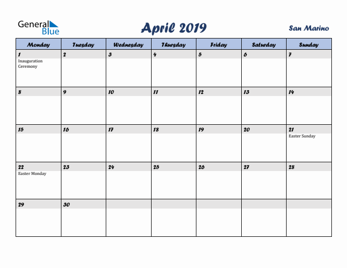 April 2019 Calendar with Holidays in San Marino