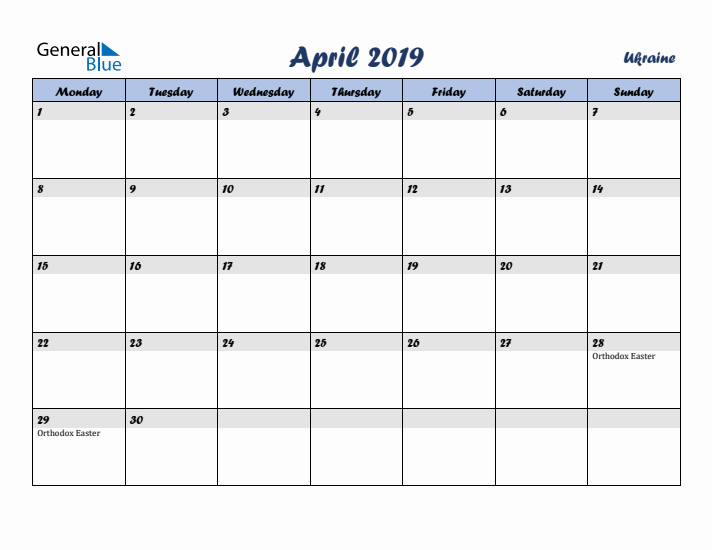 April 2019 Calendar with Holidays in Ukraine