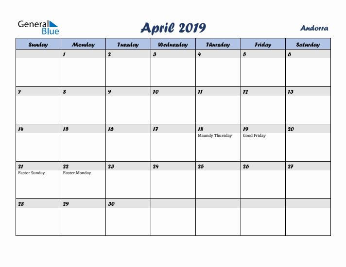 April 2019 Calendar with Holidays in Andorra