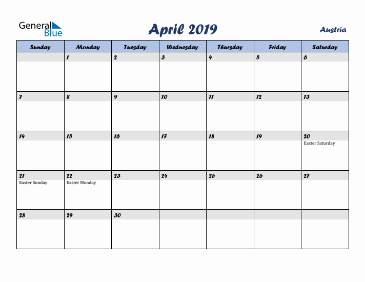 April 2019 Calendar with Holidays in Austria