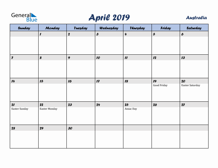 April 2019 Calendar with Holidays in Australia