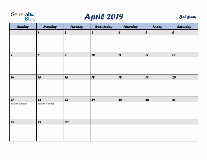 April 2019 Calendar with Holidays in Belgium