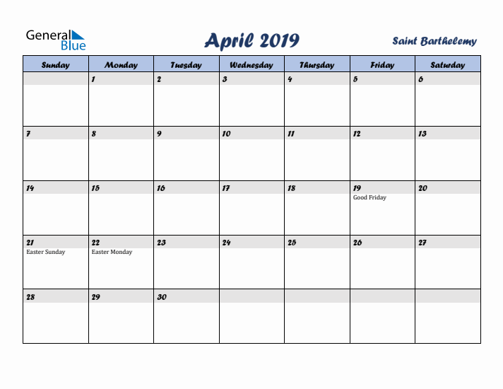 April 2019 Calendar with Holidays in Saint Barthelemy