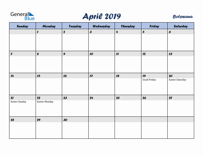 April 2019 Calendar with Holidays in Botswana