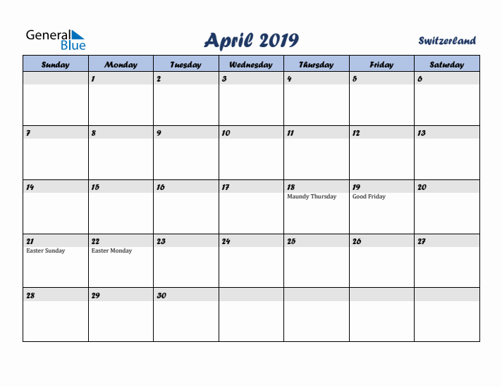 April 2019 Calendar with Holidays in Switzerland