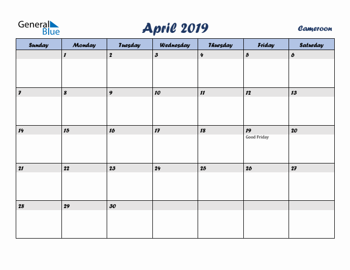 April 2019 Calendar with Holidays in Cameroon