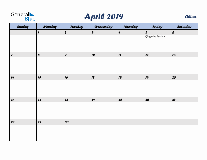 April 2019 Calendar with Holidays in China